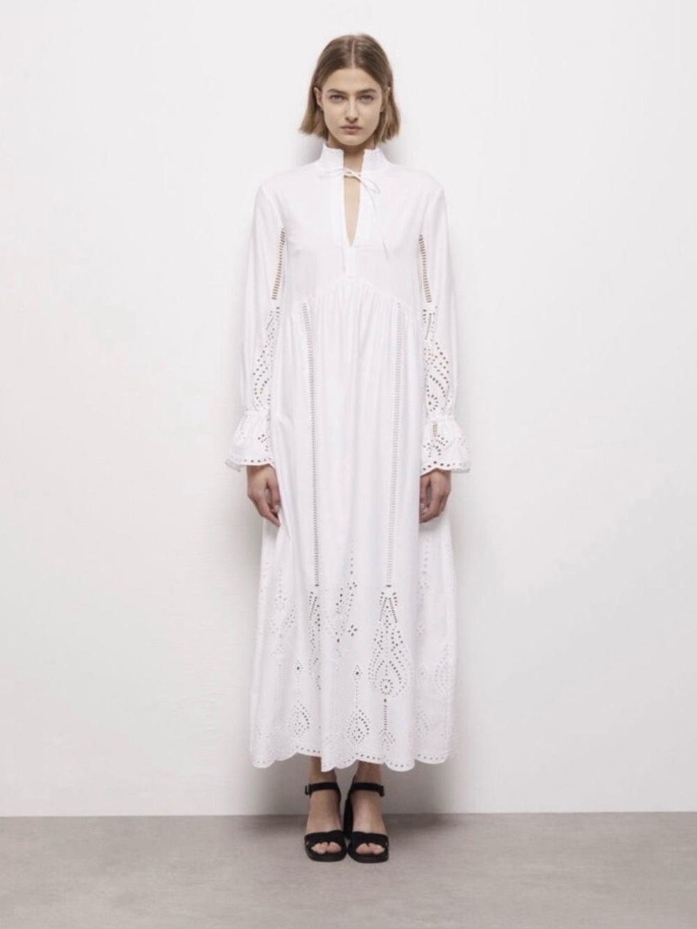 THE KOOPLES white cotton long sleeve maxi dress w/ broderie anglaise SZ 1/ Small